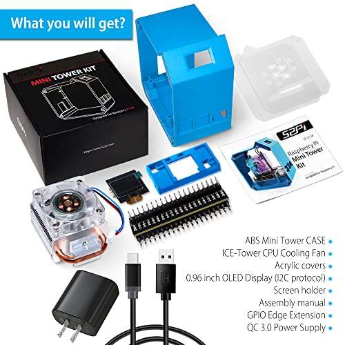 GeeekPi Mini Tower Kit with QC3.0 Power Supply for Raspberry Pi 4, Pi 4 Case with ICE Tower Cooler, 0.96'' OLED Module, RGB Fan, Heatsink, GPIO Expansion Board for Raspberry Pi 4 Model B 2