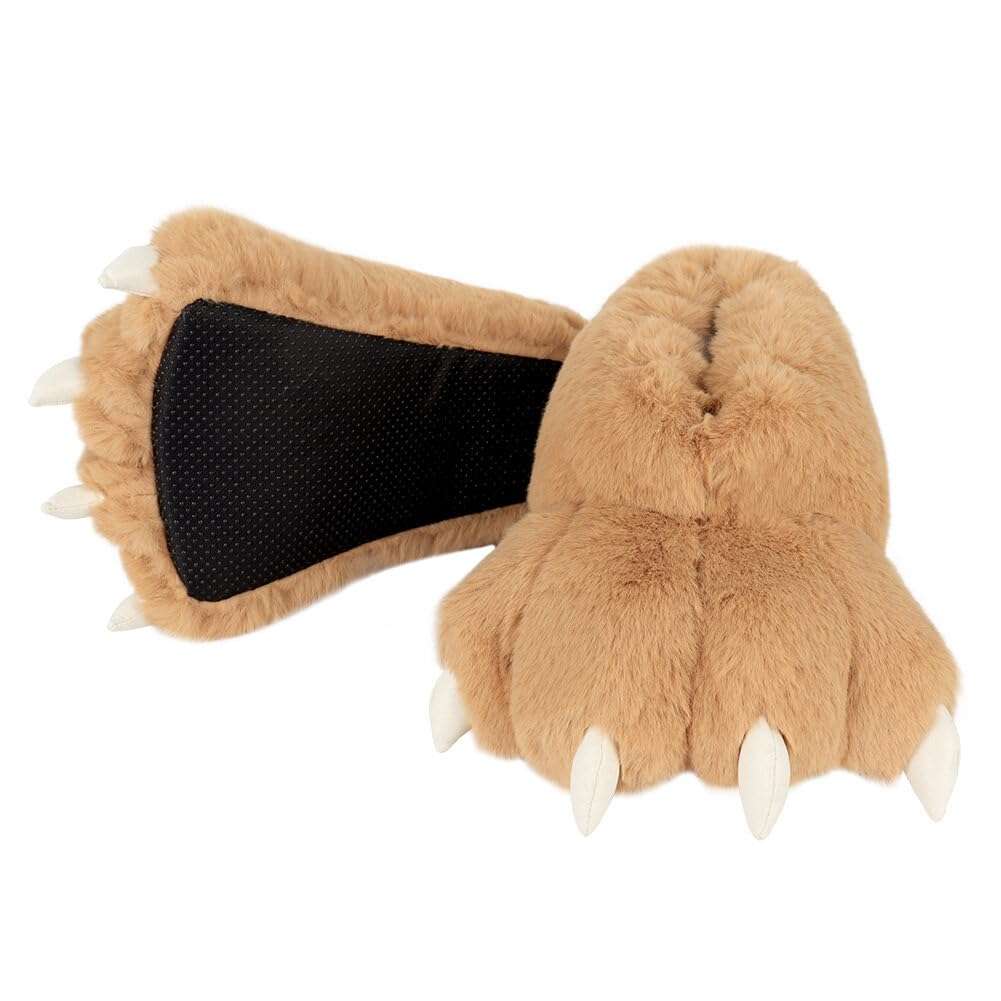 Animal Paw Slippers Plush Warm Home Closed Back Shoes Fluffy Funny Furry Bear Claw Anti Slip Slippers for Kids Boys Girls Adults Women Cosplay Holiday Indoor Winter (Camel) 1