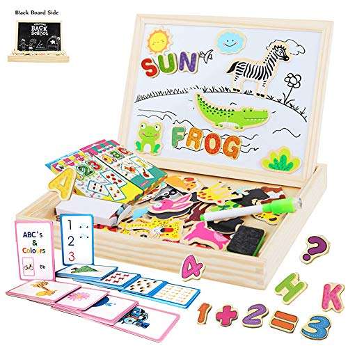 ODDODDY Educational Wooden Toys Magnetic Puzzles Art Easel Drawing Board Letters and Numbers Animals Puzzles Magnets Preschool Homeschool Supplies Learning Games Gifts for Kids Toddlers Boy Girl 1