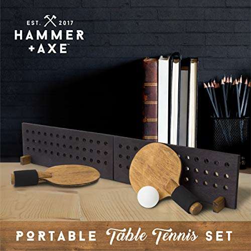 Hammer + Axe Portable Wooden Table Tennis Set, Compact Ping Pong Kit with Paddles, Wood Net and Ball, Play Tennis on Any Desk, Table or Counter, Includes Convenient Wood Box Case 2