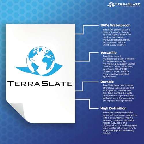 TerraSlate Premium Waterproof Paper, 5 MIL 8.5” x 11”, Laser Printer & Copy Machine Compatible, Durable & Rain/Weather-Proof Copy Paper, White Paper (25 Sheets) 5
