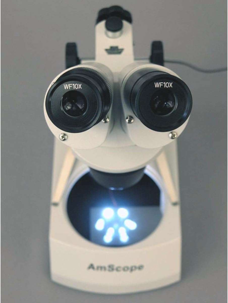 AmScope SE305R-P-LED Forward-Mounted Binocular Stereo Microscope, WF10x Eyepieces, 10X and 30X Magnification, 1X and 3X Objectives, Upper and Lower LED Lighting, Reversible Black/White Stage Plate, Pillar Stand, 120V or Battery-Powered 5