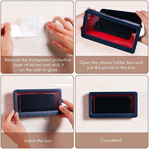 Wall Mount Shower Phone Holder Bathroom Phone Storage Case Anti-Fog and Waterproof Touchable Screen Sealed Phone Case for Bathroom Shower Kitchen (Blue, Wine Red) 4