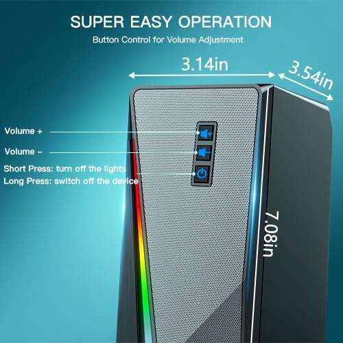 RGB PC Speakers with Volume Control, USB Powered Subwoofer - For Desktop, Laptop, Tablet, Phone 5