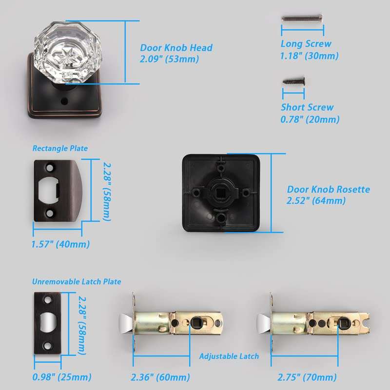 KNOBWELL 5 Pack Privacy Glass Door Knobs Interior Oil Rubbed Bronze, Keyless Door Knob with Lock Bedroom, Octagon Indoor Door Knob Set 5