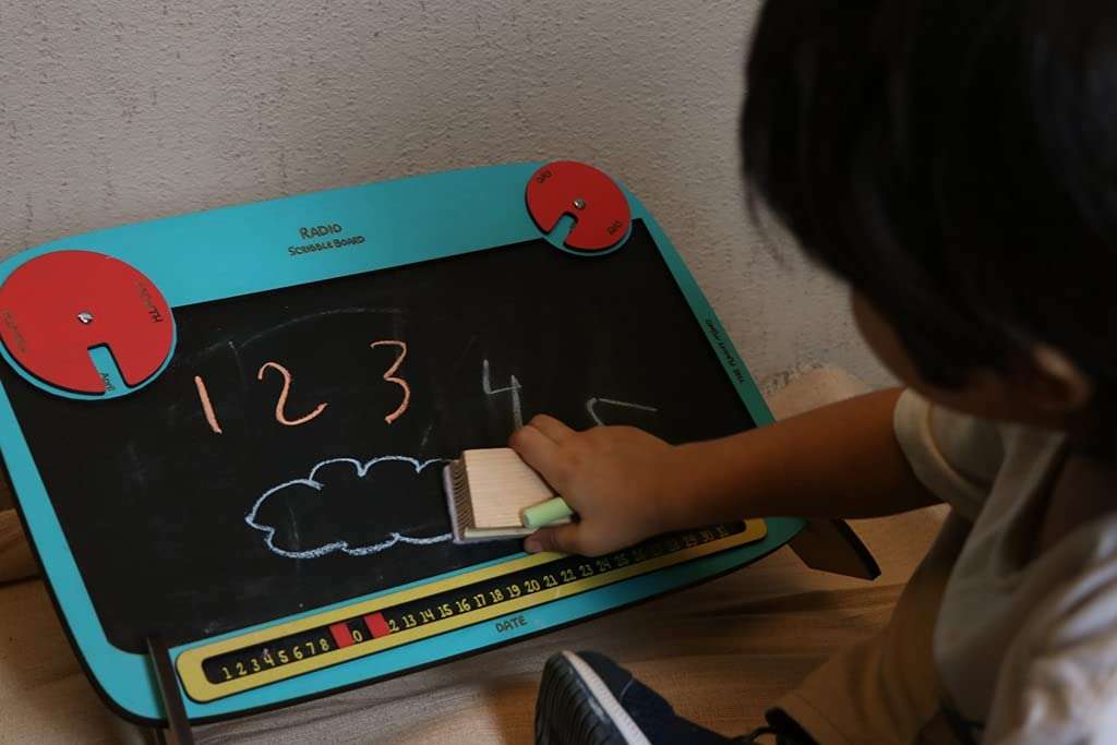 The Funny Mind Wooden Multipurpose Radio Black and Blue Chalk Board with Chalk, Duster and Stand for Kids and Adults | Doodle Board for Kids and Adults | Wooden Writing Board for Kids 3