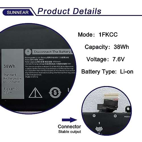 SUNNEAR 0G74G 2PFPW Laptop Battery Replacement for Dell Latitude 5300 5310 7300 7400 E5300 E5310 E7300 E7400 Series OG74G 02PFPW 3KF82 8JYHH 11.4V 42Wh 3500mAh 3-Cell 2