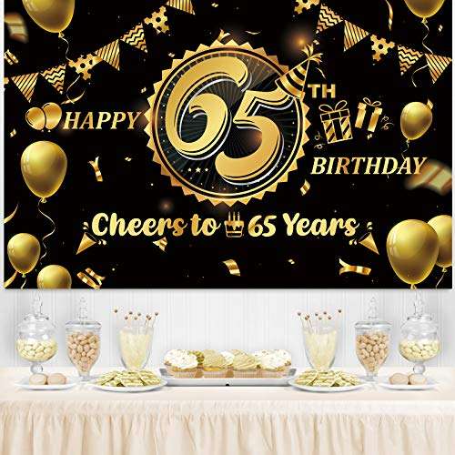Happy 65th Birthday Backdrop for Men Women | 65 Birthday Backdrop Background Banner 65th Anniversary Backdrop | Happy 65th Birthday Photo Backdrop Banner Wall Decorations Black and Gold 71 x 49 inch… 4