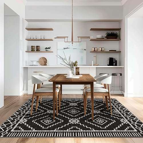 GENIMO Area Rug 3x5 Boho Chic Machine Washable Rugs for Living Room, Farmhouse Floor Cover, Geometric Print Thin Low Pile Carpet Mat with Non Slip Rubber Backing, Aztec Black 4