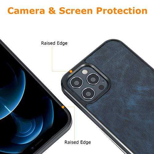 molzar GripBig Series iPhone 12 and 12 Pro Case with TPU and Faux Leather, Built-in Metal Plate for Magnetic Car Mount, Wireless Charging Support, Compatible with iPhone 12/12 Pro, Black/Blue 6