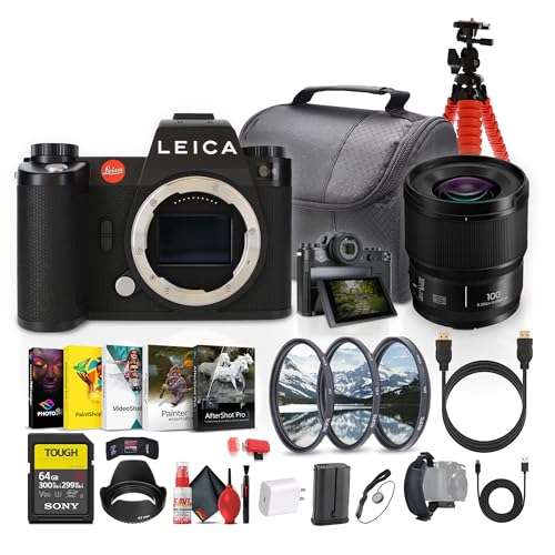 Leica SL3 Mirrorless Digital Camera (10607) + Panasonic S 100mm Lens + 64GB Memory Card + Photography Software + Lens Filter Kit + Camera Bag + Flexible Tripod + Cleaning Kit + USB-C Cable + More