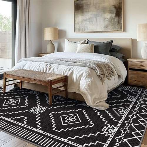 GENIMO Area Rug 3x5 Boho Chic Machine Washable Rugs for Living Room, Farmhouse Floor Cover, Geometric Print Thin Low Pile Carpet Mat with Non Slip Rubber Backing, Aztec Black 3