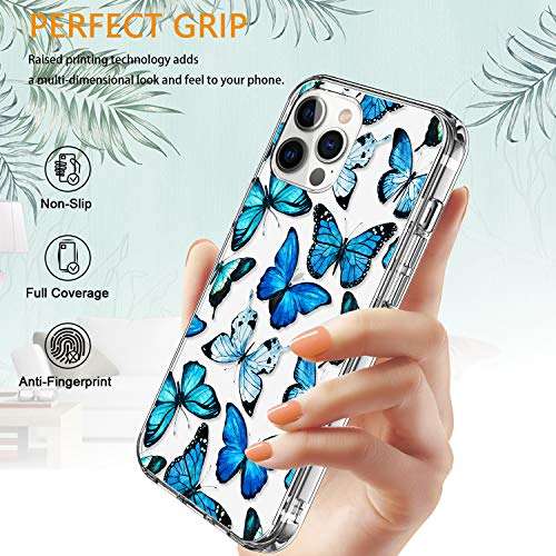LUHOURI Designed for iPhone 12 Pro Max Case with Screen Protector - Crystal Acrylic Clear for Women and Girls - Slim Fit Protective Phone Cover 6.7" - Floral Blue Butterflies 5