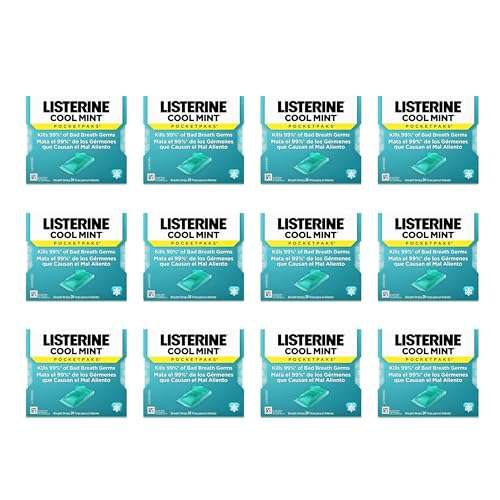 Listerine Cool Mint PocketPaks Portable Breath Strips for Bad Breath, Fresh Breath Strips Dissolve Instantly to Kill 99% of Bad Breath Germs* On-The-Go, Cool Mint, 12 Pack