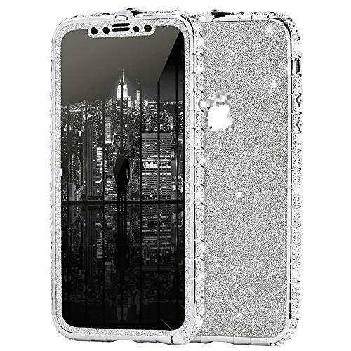 Case for iPhone Xs Max Cover,Girls Women Luxury Sparkly Bling Glitter Rhinestone Diamond Metal Button Bumper Case Cover & Shiny Glitter Sticker Protective Cover for iPhone Xs Max Diamond Case,Silver 1