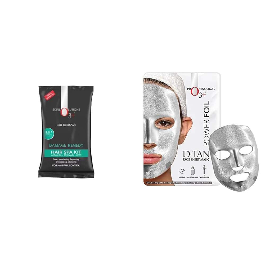 O3+ Hair Spa Kit Infused with Argan Oil & O3+ Power Foil D-Tan Face sheet mask for Skin Brightening Face Mask For Glowing Skin Combo 2