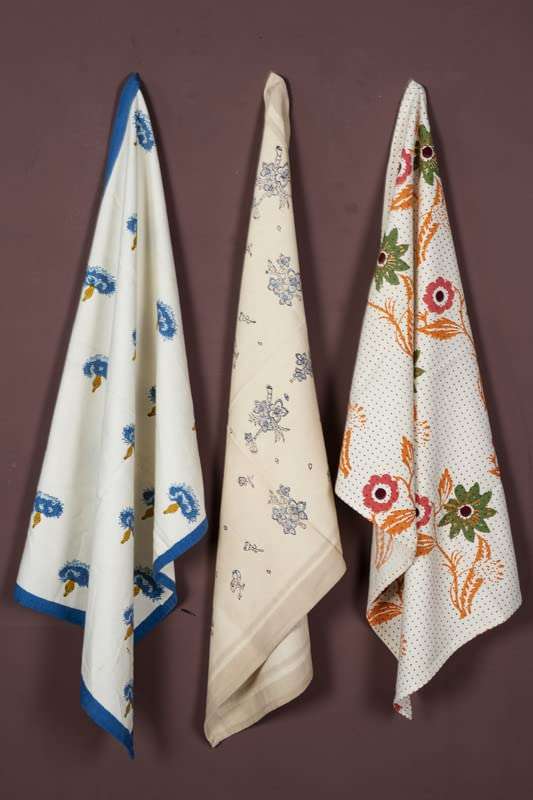CONTRAST LIVING Pankuj Hand Block Printed Kitchen Towel/Dish Towel/Hand Towel Multi Color Set of 3 Pcs 1