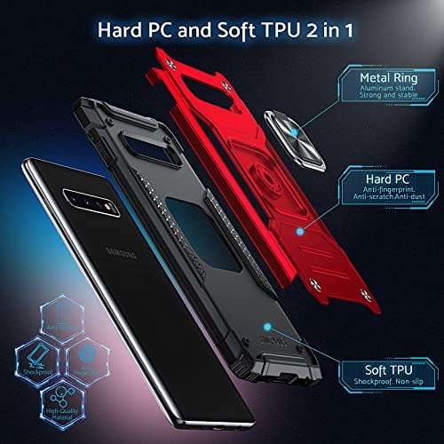 Anqrq Galaxy S10 Plus Case, Military Grade Protective Phone Case Cover with Enhanced Metal Ring Kickstand [Support Magnet Mount] Compatible with Samsung Galaxy S10+ Plus, Red 5