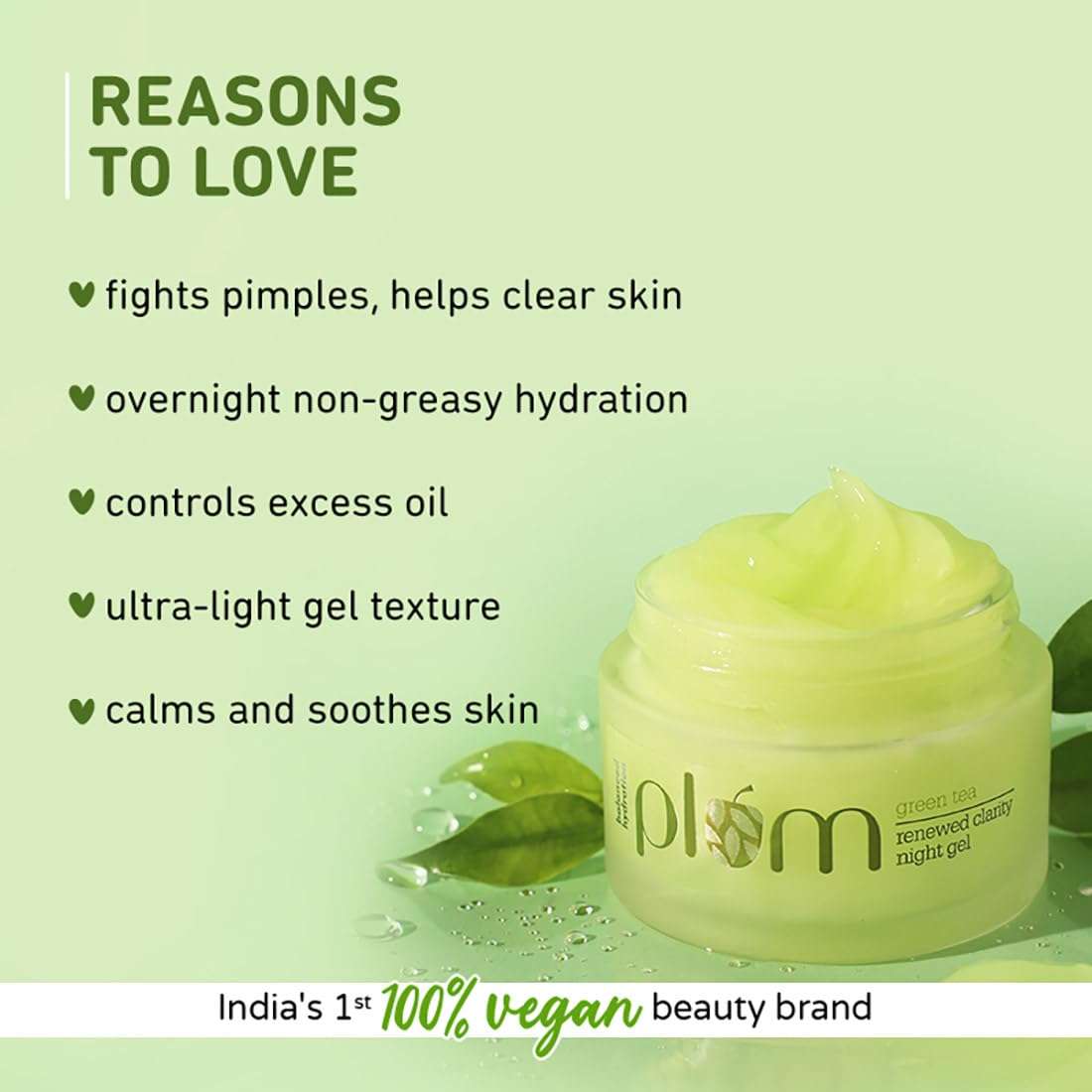Plum Skin Renewing Night Face Gel with Green Tea & Glycolic Acid for Oily & Acne Prone Skin, Hydrating Moisturizer Night Cream for Oily Skin, Paraben & Cruelty Free for Women,1.69 Fl OZ 2