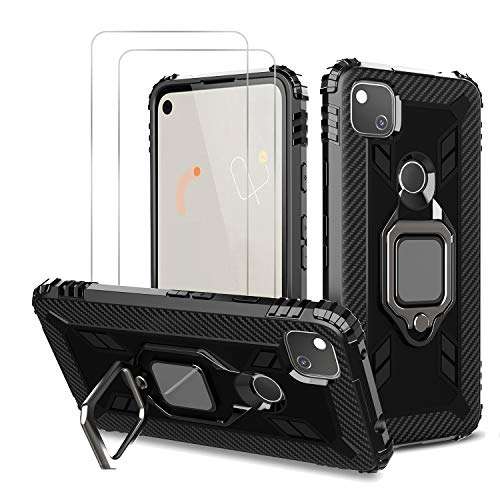 Avesfer for Google Pixel 4A Case (Not fit 4A 5G) with Tempered Glass Screen Protector Shock Absorbing Defender Protective Cover Ring Holder Kickstand Anti Impact Scratch Resistant Carbon Fiber (Black) 1