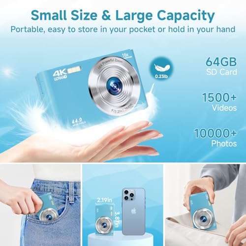 SMARTKLIK Digital Camera for Teens, FHD 4K 44MP with 64GB SD Card, 16X Digital Zoom, Compact Point Shoot Camera Blue 5