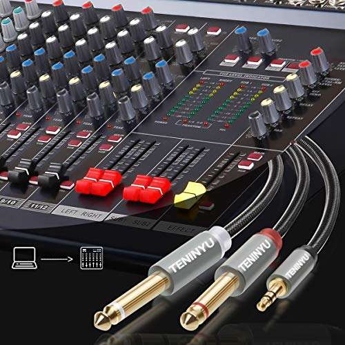 TENINYU 3.5mm 1/8" TRS to Dual 6.35mm 1/4" TS Mono Stereo Y-Cable Splitter Cord Compatible for iPhone, iPod, Computer Sound Cards, CD Players, Multimedia Speakers and Home Stereo Systems (6FT) 3