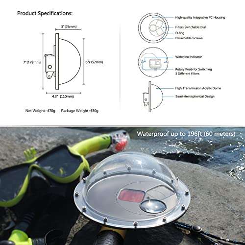 SOONSUN Waterproof Dome Port for GoPro Hero 5 Black Hero 6 Black Hero 7 Black Hero (2018) Camera, Underwater Dome Housing with Filters for GoPro Hero 5 6 7 Black, Built-in Red and 10x Close-up Filters 6