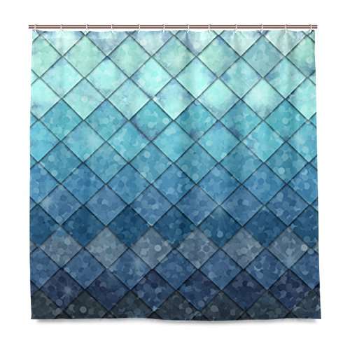 ZOEO Shower Curtain Backdrop Ocean Blue Teal Mermaid Fish Scales Geometric Rhombus Bathroom Home Decor Set Fabric Bridal Polyester Washable Waterproof 12 Hooks for Women 72x72 Inch 2