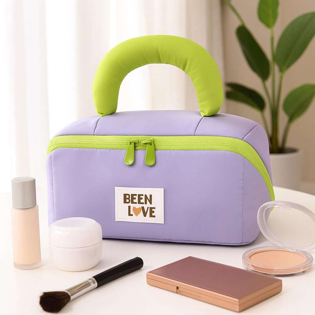 Travel Makeup Bag for Women | Portable Cosmetic Organizer with Handle & Zipper | Waterproof Toiletry Pouch for Makeup Brushes, Skincare & Accessories (Cross Open Bag, Purple) 3