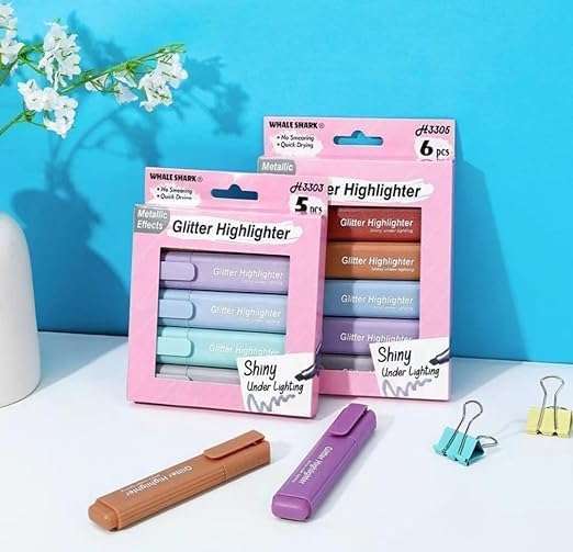 kreni Glitter Highlighter Pens in Fluorescent Colors School Stationary | Marker Pens with Shiny Effects | Set of 6 1