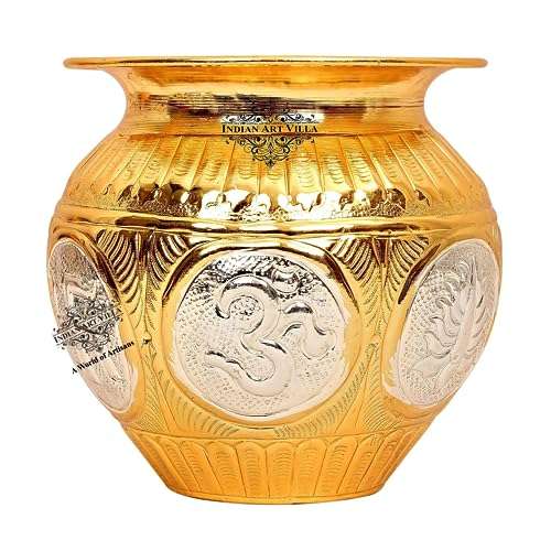 INDIAN ART VILLA Gold & Silver Polished Swastik Design Copper Lota Kalash, Pooja Temple Home Office, Diameter 3.5", Silver & Gold 1