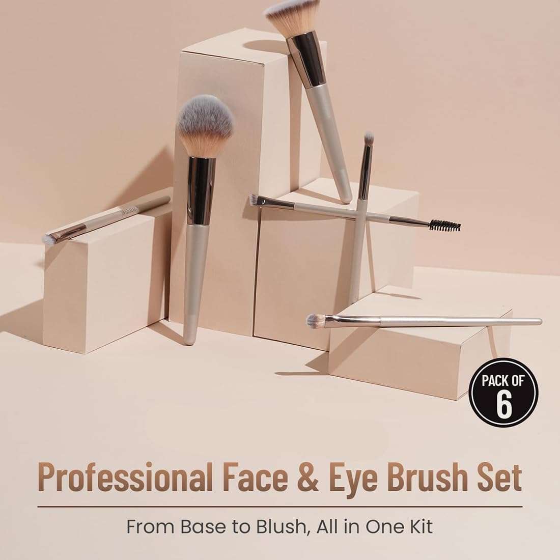 Everdiva Makeup Brush Professional Face and Eye Brushes, Rose Gold and Champagne, Synthetic Bristles, For Cream, Liquid & Powder Includes Foundation, Eyeshadow, Concealer, Brow & Powder Brushes Easy Blending & Travel-Friendly - Set of 6 3