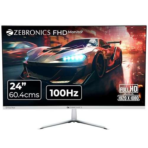 ZEBRONICS A24FHD LED Monitor, 24 inch (60.96cm), 250 nits, 100Hz, Slim Design, FHD, 1080p, Wall Mountable, HDMI, VGA, Ultra Slim Bezel, Metal stand, Built-in Speakers 1