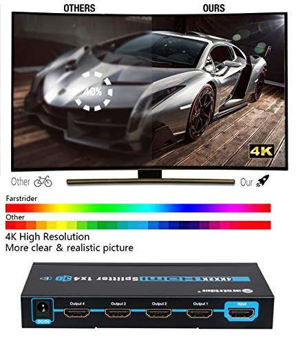 4K HDMI Splitter 1 in 4 Out, Farstrider 4K HDMI Splitter Switcher Intelligent Hub 4K Full HD 1080P 3D Compatible for TV PC Laptop Xbox 360 one, PS4 PS3,Nintendo Switch, Roku Fire Stick, Blu-ray player 3