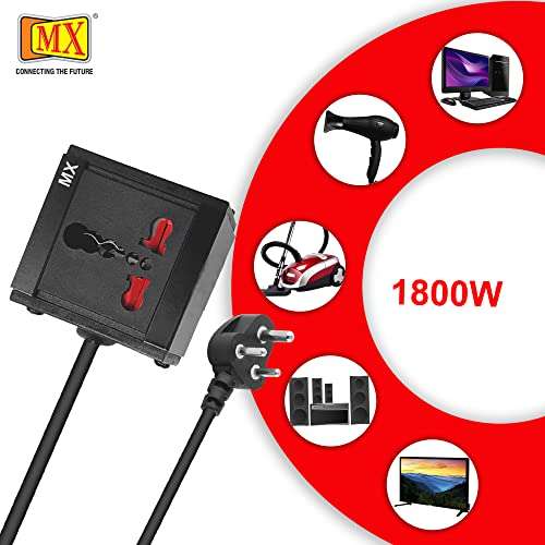 MX Extension Board Single Outlet 1800W 6/16 AMP Socket to 6 AMP Plug with Heavy Duty (0.75 Sq.mm ISI Marked) Power Cord 3 mtr with Child Safety Shutter & Flame Retardent Body (Black)- MX 4219 5