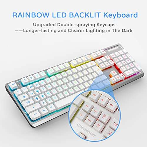 Lumsburry White Gaming Keyboard, Rainbow LED Backlit,19 Anti-ghosting Keys, USB Wired, Metal Panel, Ergonomic 104 Keys, Multimedia Control, Water-Resistant, Full Size, for Windows PC Mac Office Gamer 3
