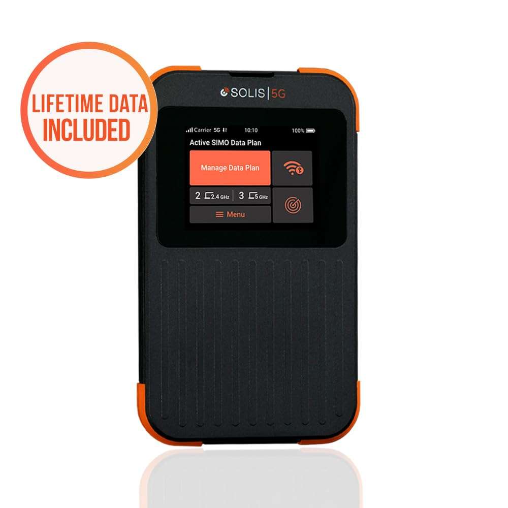 SIMO Solis 5G WiFi Mobile Hotspot + 5GB US Data Card, Local and International Coverage Router, Multi-Carrier Access, No Contract or SIM Card Required, 16 Connected Devices, 1GB/Month Lifetime Data 6