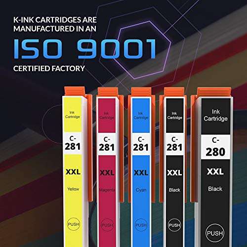 K-Ink Compatible Ink Cartridge Replacement for Canon PGI-280XXL PGI 280 XXL CLI-281XXL CLI 281 XXL for PIXMA TR7520 TR8520 TS6120 TS6220 TS8120 TS8220 TS9120 TS9520 TS6320 TS9521C Printer (5 Pack) 3