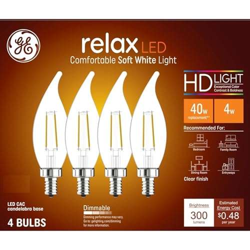 GE Lighting Refresh LED Decorative Light Bulbs, 2.5 Watt (25 Watt Equivalent) Daylight, Candelabra Base, Dimmable (4 Pack) 1