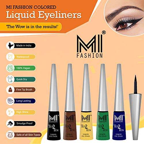MI Fashion Colored Liquid Eyeliners Combo of 4 Pcs Water Resistant Cruelty Free High Shine Long Stay - Black, Shimmer Golden, Navy Blue, Shimmer Green 2