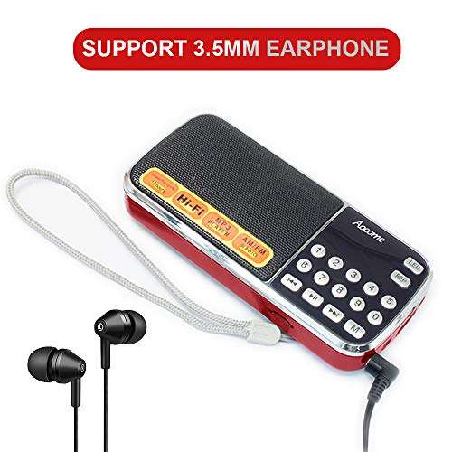 AM FM Radio Portable, Mini Digital Radio Speaker Music Player with Best Reception, Automatic/Manual Search, Radio with Micro SD/TF Card Slot, USB Rechargeable Battery, by Aocome (Red) 3