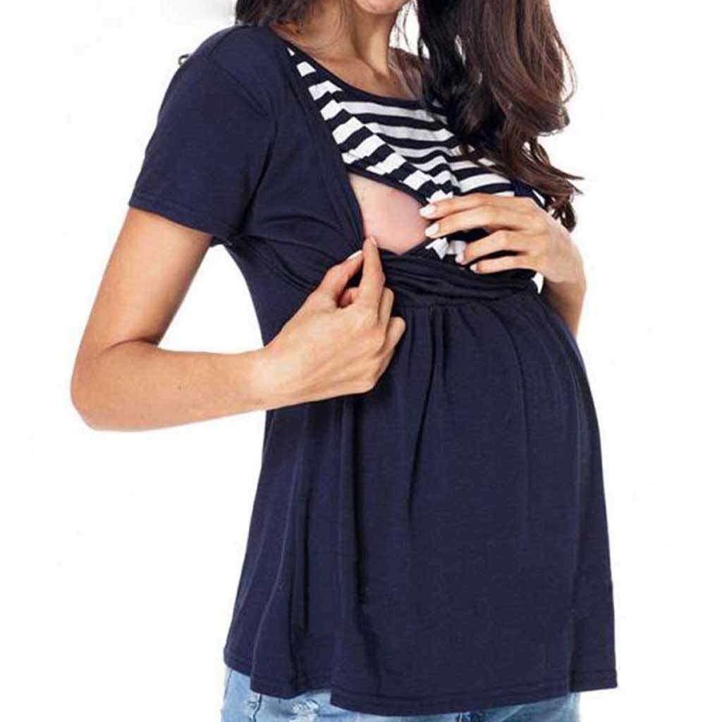 Women's Maternity Nursing Tops Patchwork Striped Double Layer Loose Pregnancy Breastfeeding T Shirt (L, Blue) 2