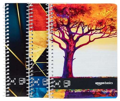 amazon basics Metal Spiral Notebooks A5 Size 160 Sheet | High Bright Paper | Single Ruled | Thick Black Covers | Pack of 3 (Assorted Colours) 1