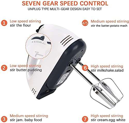 Hand Held Mixer Electric Whisk 7-Speeds Portable Hand Mixer Food Baking Mixers with 2 Beaters 2 Dough Hooks Mini Egg Cream Food Beater for Kitchen Making Caket 3