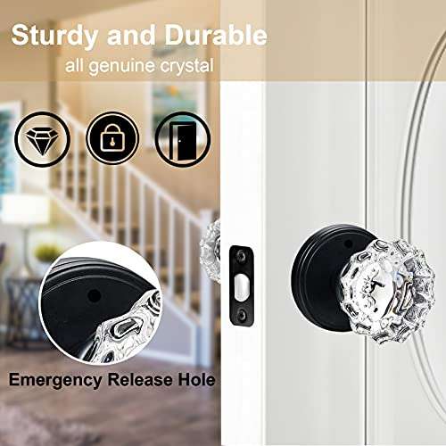SHINY HANDLES Glass Door Knobs Interior, Vintage Privacy Clear Crystal Door Knobs with Lock for Bedroom Bathroom Matte Black 4