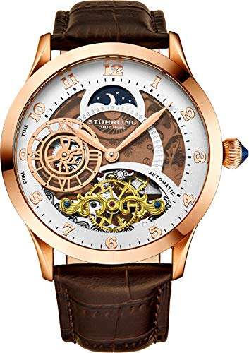 Stührling Original Automatic Watch for Men Skeleton Watch Dial, Dual Time, AM/PM Sun Moon, Leather Band, 571 Mens Watches Series (Rose Gold-A) 1