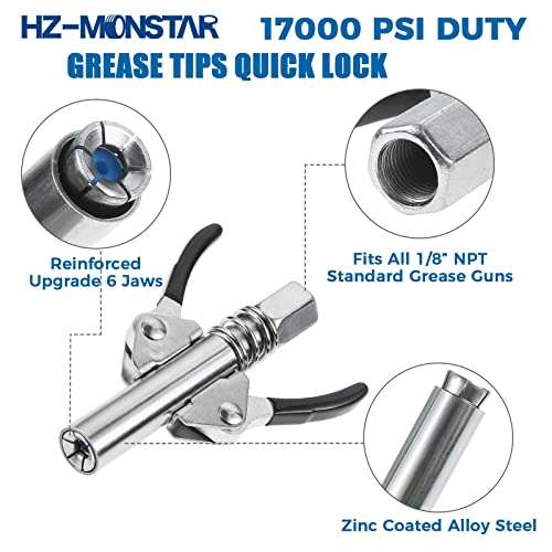 HZ-MONSTAR Grease Gun Coupler, 17000 PSI Double Handle Quick Lock Release Grease Tips Ends Couplers, Grease Gun Tip Grease Fittings Compatible with All Grease Guns 1/8" NPT Fittings Black 4