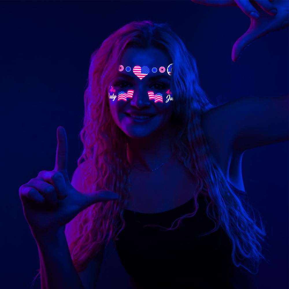 4th of July Tattoos Glow in The Dark Temporary Tattoos for Face Eyes Decoration American Flag Stickers Red White Blue Tattoo Decals for Adults and Teens 5