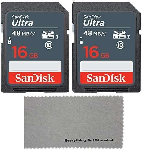 SanDisk 16 GB Class 10 SDHC Flash Memory Card 2 Pack Works with Browning BTC5HD, Strike Force Sub Micro 10MP, Elite Game Trail Cameras Bundle with Everything But Stromboli MicroFiber Cleaning Cloth