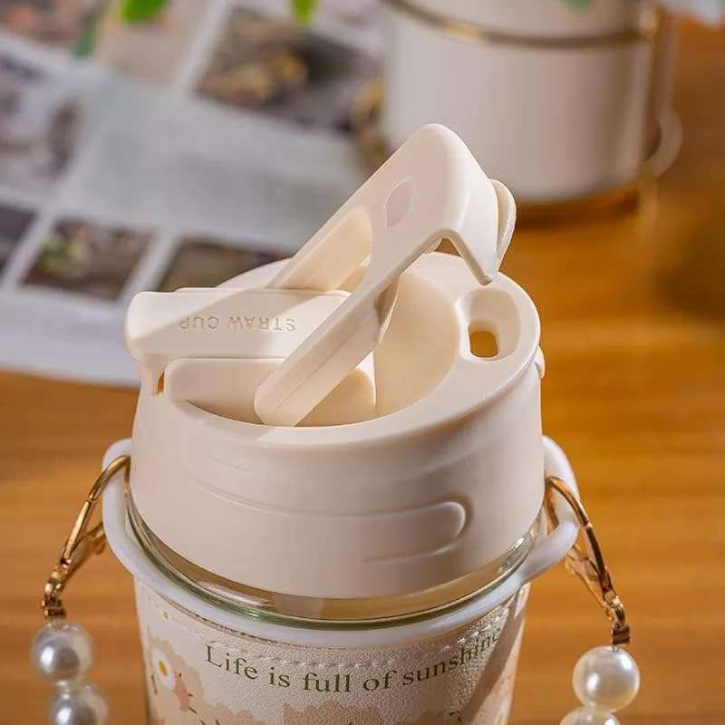 Pearl Carry Chain Glass Water Bottle with Straw Flower Glass Bottle Coffee Mugs Drinkware Girl Water Bottle 350 ml (1) 3